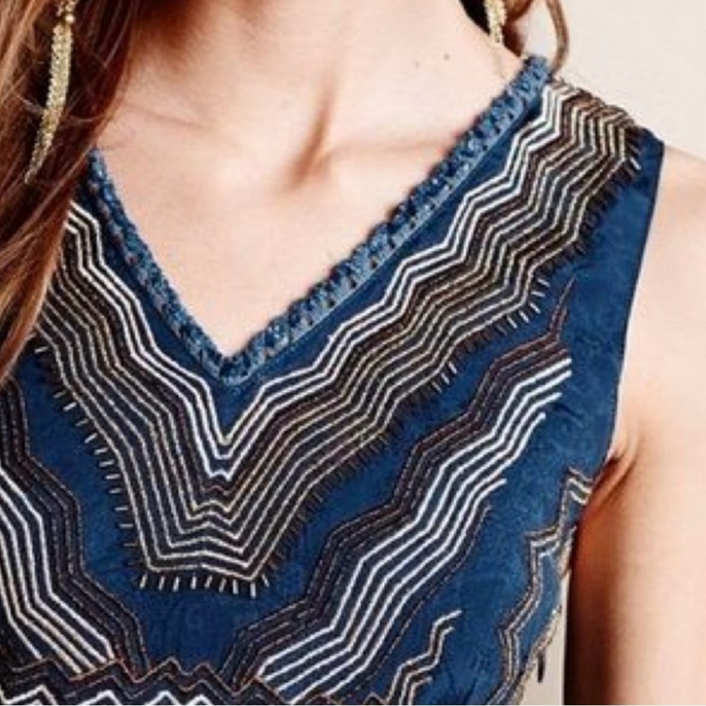 Anthropologie Meadow Rue Embroidered Beaded Chevron Dress blue size 0 - Picture 3 of 11